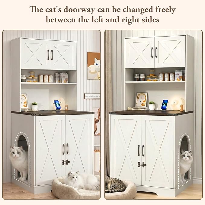 71Inches Tall Cat Litter Box Enclosure for Cats W/Power Outlets,Open Shelves.Wooden Pet Washroom Furniture W/Locks,Cabinet.White Indoor Cats House,Hidden Cat Litter Box for Living Room,Bedroom