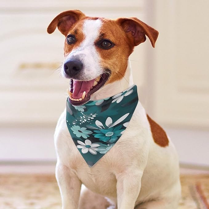 Dog Bandana Spring Pet Scarf Adjustable Triangle Teal Grey and White Floral Printing Dog Bib Washable Polyester Puppy Bandana for Small Medium Large Dogs Cat Birthday Party Supplies