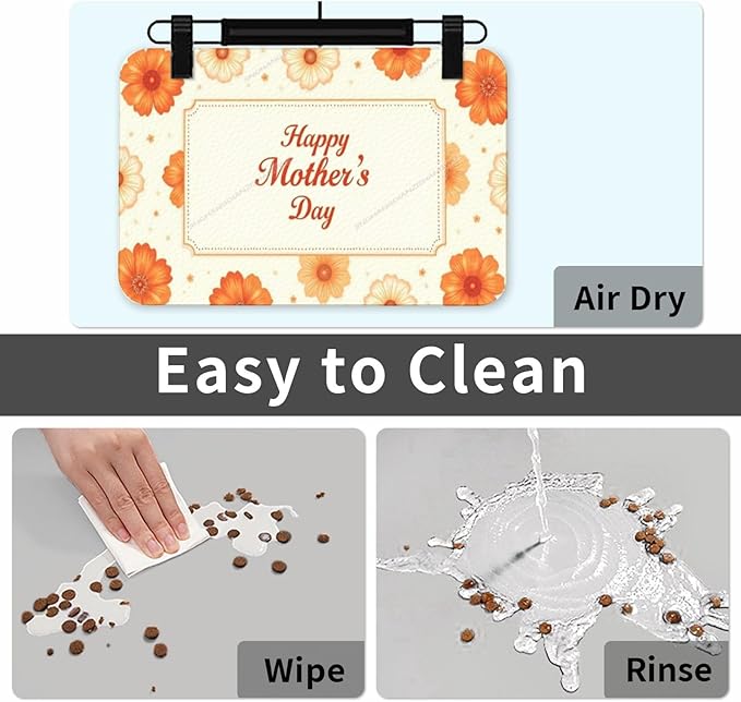 Pet Feeding Mats with Residue Collection Happy Mother's Day Floral Gift for Mom Yellow Lh Waterproof Dog Cat Bowl Mat 18X12In with Prevent Water Food Spills