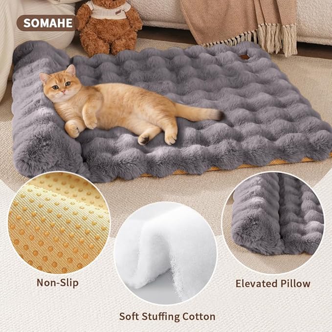 Plush Faux Fur Pet Bed Mat with Non-Slip Bottom, Self-Warming Cat Bed, Washable Pet Bed with Pillow for Cats & Medium Dogs, Machine Washable, 27x20 Inch, Grey