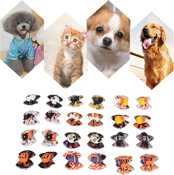 Dog Halloween Stylish Handcrafted Grooming Bows 24Pcs for Pet Cats Dogs, Polyester Material Halloween Patterns Cat Dog Hair Bows for Party Supplies