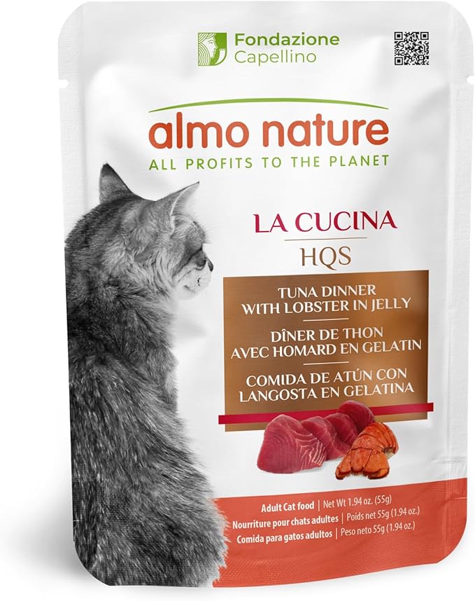 Almo Nature HQS La Cucina Tuna with Lobster in Jelly, Grain Free, Additive Free, Adult Cat Wet Food, Shredded, Pouches, 24 x 55g/1,94 oz