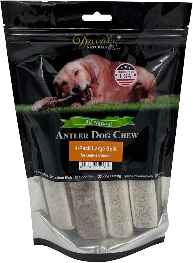 4-Pack Large Split Elk Antler Dog Chews (6 to 7.5+ in) – Natural Long Lasting Chews for Small Medium Dogs Under 45 lbs, Gentle Light Chewers, Dental Health Treats