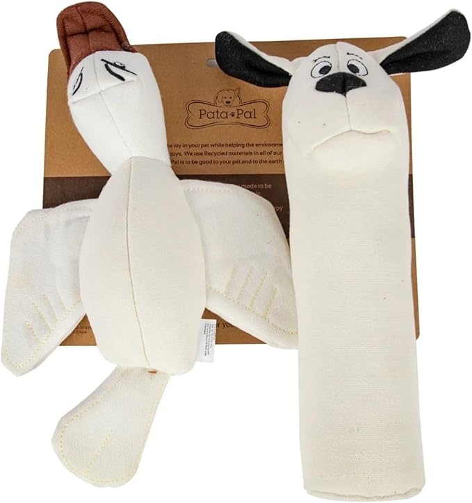 2-Pack Eco-Friendly Durable Squeaky Dog Toys – Cotton Canvas Interactive Chew Toy Set – Ducky & Dawgy (White)