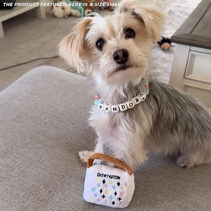 Haute Diggity Dog White Chewy Vuiton Handbag, Plush Designer Dog Toys with Interactive Squeaker, Stimulating Pet Enrichment, Machine-Washable & Safe Materials for All Breeds, Size Small