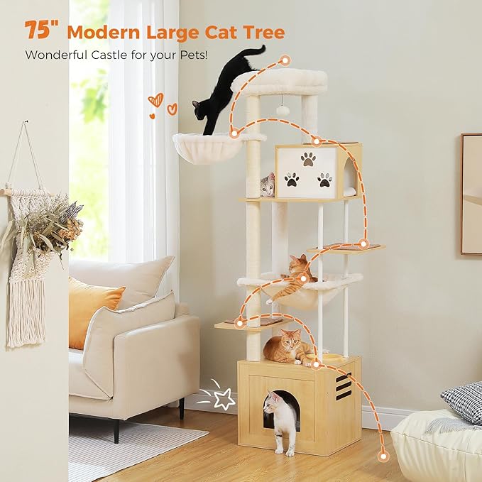 PAWZ Road Large Cat Tree with Food Station, 74.8 Inches Wooden Tall Cat Tower with Extra Large Condos and Hammocks,Spacious Perch,Sisal and Steel Posts, Scratching Mat for Indoor Adult Cats-Beige