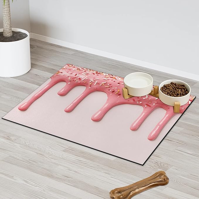 Ice Cream Dog Food Mat for Floors Absorbent Dog Bowl Mat for Food and Water Dispenser Quick Dry Cat Food Placemat Pet Supplies 17" x 30", Pink Ice Cream