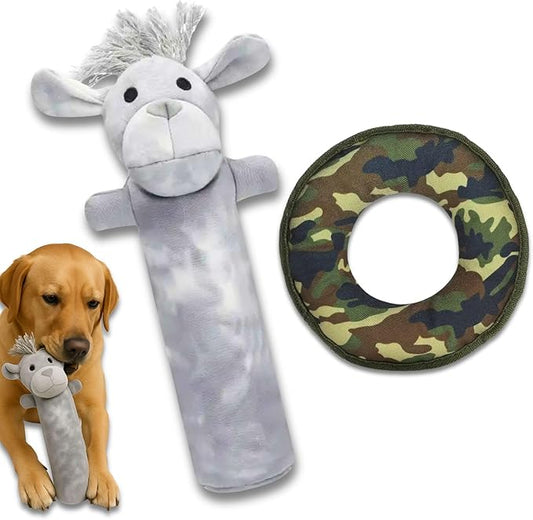 2-Pack Durable Cotton Canvas Squeaky Dog Toys – Eco-Friendly Chew Toy Set – Labby-Do & Camo Disk (Assorted Colors)