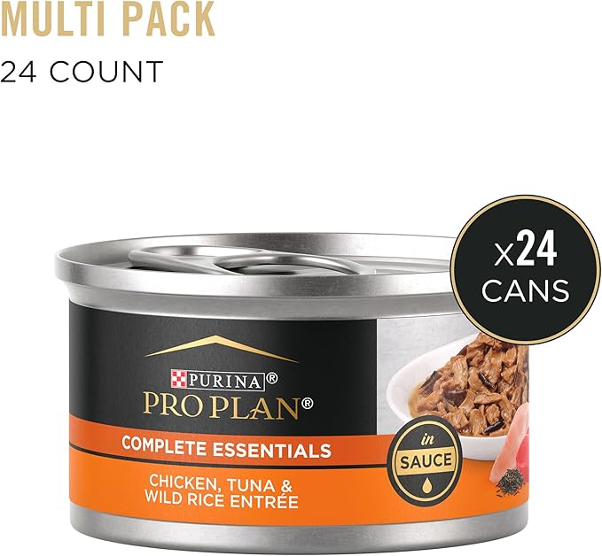 Purina Pro Plan Gravy Wet Cat Food, COMPLETE ESSENTIALS Chicken, Tuna & Wild Rice Entree in Sauce - (Pack of 24) 3 oz. Pull-Top Cans