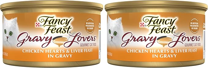 Fancy Feast Purina Gravy Lovers Chicken Hearts and Liver Feast Grilled Gourmet Cat Food in Wet Cat Food Gravy - 3 oz. Cans,(Pack of 48)