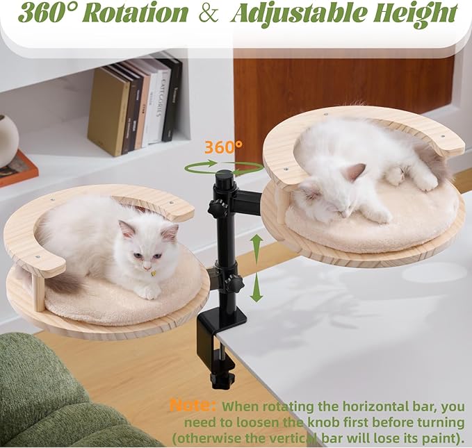 BYBYME Cat Desk Bed for Indoor Cats with Adjustable Height & 360° Rotation, Wooden Desk Kitty Nest for or Office Desks Home Tables, Wooden Desktop Kitten Furniture, 14" in Diameter (Light Oak)