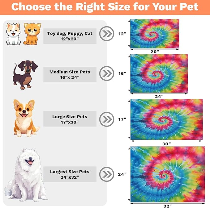 Colorful Tie Dye Dog Food Mat for Floors Absorbent, Quick Dry Water Dispenser Mat for Food, Water, Pet Supplies 12" x 20", Rainbow