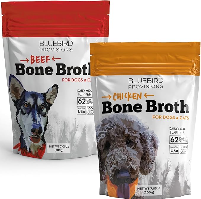 BLUEBIRD PROVISIONS Bone Broth for Dogs Bundle, Chicken Bone Broth for Dogs and Beef Bone Broth for Dogs and Cats, Bone Broth for Cats, 2 Pouches