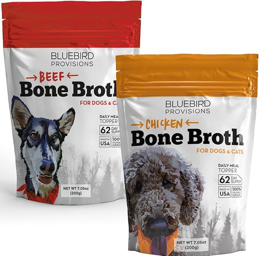 BLUEBIRD PROVISIONS Bone Broth for Dogs Bundle, Chicken Bone Broth for Dogs and Beef Bone Broth for Dogs and Cats, Bone Broth for Cats, 2 Pouches