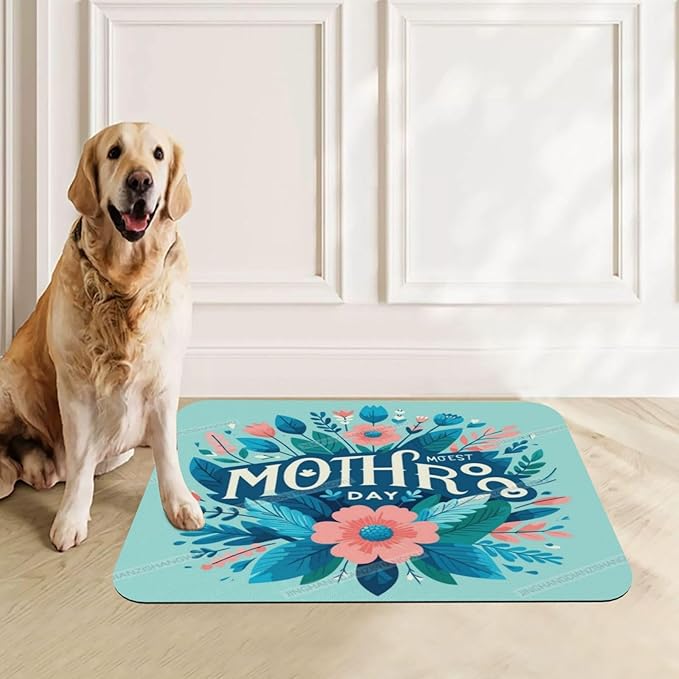 Absorbent Dog Water Cat Mat for Food Water Bowl Quick Dry Happy Mother's Day Floral Gift for Mom Green Cs Pet Feeding Mats No Stains Dog Food Mat Pet Accessories Supplies Cat Bowl Mats 18X12In