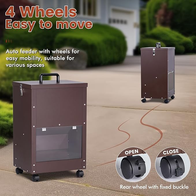 Automatic Dog Feeder Large Breed 30lb Outdoor Dog Food Dispenser for Large Dogs Self Feeding Galvanized Metal Dogs Pets Feeder Gravity Food Feed with Wheels (Brown)