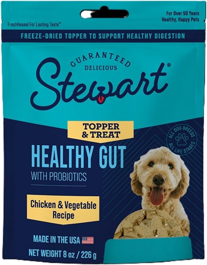 Stewart Freeze Dried Dog Food Topper, Healthy Gut, Chicken and Vegetable Recipe, 8 Ounce Pouch, Probiotics for Digestion