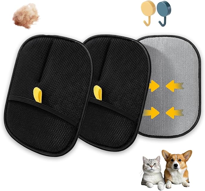 Electrostatic Pet Hair Removal Gloves | Double Sided Grooming & Cleaning Mitt for Cats and Dogs | Reusable Deshedding Glove for Furniture, Couch, Car, Carpet, Clothing | Easy to Clean (3PCS)
