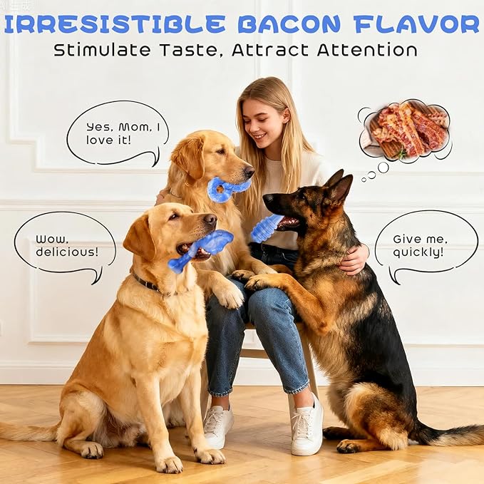 WinTour Dog Toys for Aggressive Chewers 3 Pack, Tough Dog Chew Toys for Aggressive Chewers, Indestructible Dog Toy to Keep Them Busy for Small, Medium and Large Breeds, Bacon Flavor, Blue