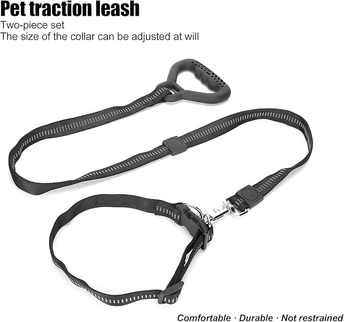 Heavy Duty Dog Leash Collar Set, Adjustable Nylon Leash with Soft PP Handle, Durable Rope Leash Collar for Small Medium Large Dogs, Pet Supply with Elastic Shock (Black)
