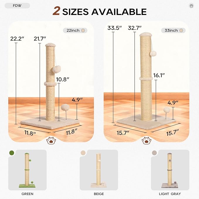 FDW 33 Inch Cat Scratching Post Cat Scratcher Natural Sisal Rope Scratch Post Trees with Hanging Ball for Indoor Cats and Adults,Beige