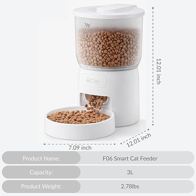 Waithem Wi-Fi Automatic Pet Feeder, Timed Dry Food Dispenser with App Programmable Portion Control, Up to 10 Meals Per Day, Dual Power Supply, for Cats and Small Dogs