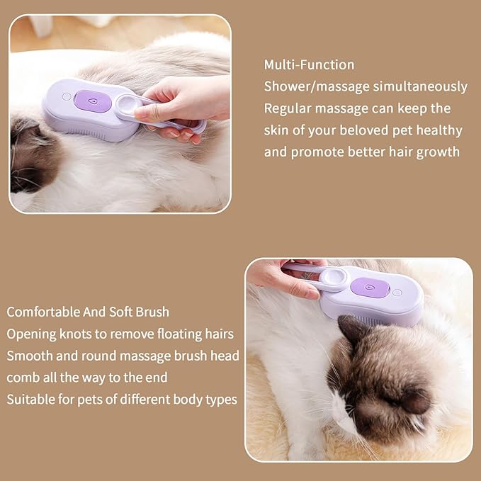 2 Pcs Pet Spray Massage Brush, Cat Hair Steam Brush for Shedding,Cleaning Pet Brush for Massage and Bathing with One Click Spray,Silicone Grooming Spray Comb with 360° Rotating Arm