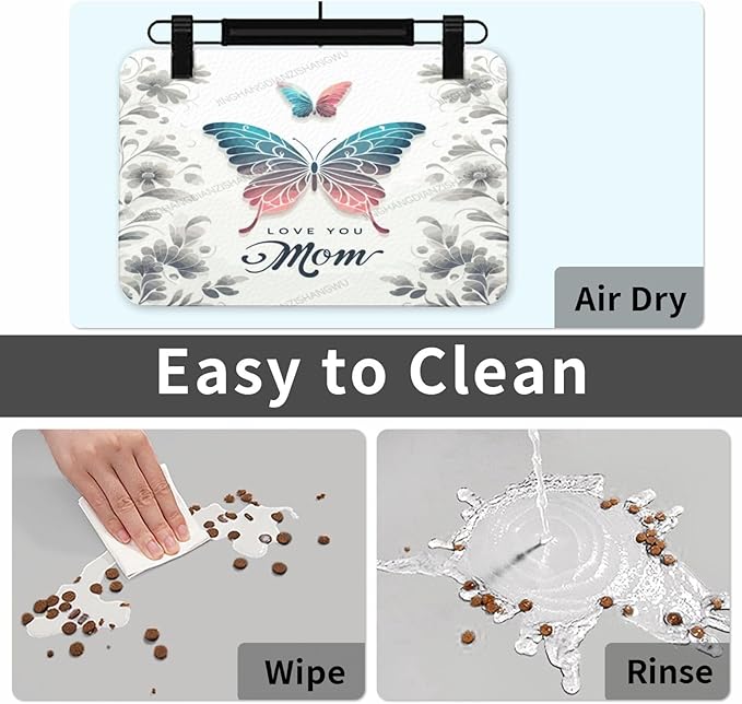 Dog Food Mats for Floors Absorbent Pet Cat Food Mat Happy Mother's Day Floral Gift Mom Butterfly Non Slip Dogs Bowl Mats for Water Dog Placemats Feeding Mat Pet Supplies 18X12In