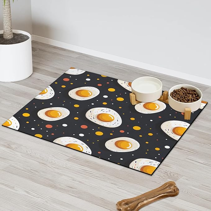 Egg Print Dog Food Mat for Floors Absorbent Dog Bowl Mat for Food and Water Dispenser Quick Dry Cat Food Placemat Pet Supplies 12" x 20", Cartoon Eggs