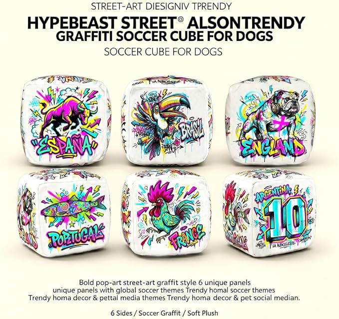 Street-art Soccer Toss Dice Dog Toy, Interactive Plush Cube with Squeaker Crinkle paper, Irregular Bounce Interactive Indoor Toy, 6-Sided Squeaky Prediction Dice,Match Day Companion Pet Supply