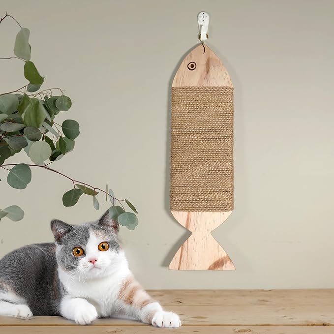 Wall-Mounted Cat Scratcher, Natural Jute Rope, Wooden Fish Shape, 16.54x4.72 Inch, Interactive Swaying Design, Indoor Cat Scratching Post