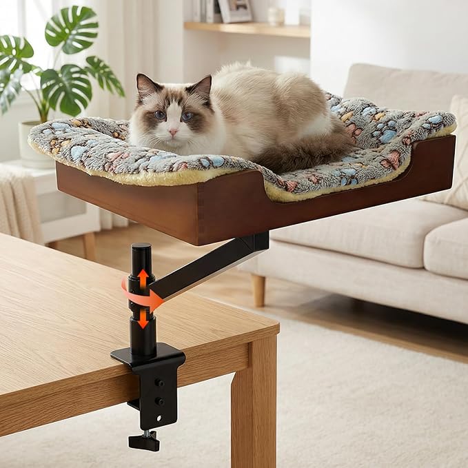 Cat Desk Bed - Classy Bamboo Base Come with Plush Bedding Stable and Sturdy Clamp Can Adjust Height 360° Rotation Have Your Precious Cat Watching While You Study or Work Up to 33 lb Load