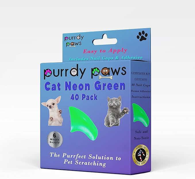 6 Month Supply Soft Nail Caps for Cats NEON Green Medium - Extra Adhesives