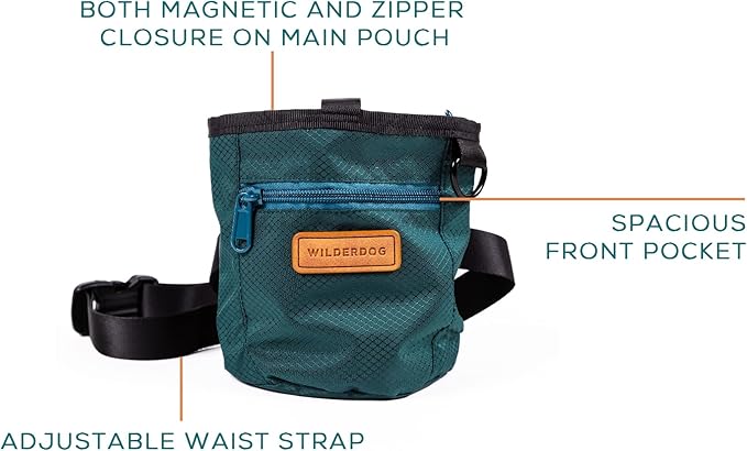 Wilderdog Dog Training Treat Pouch with Magnetic and Zipper Closure, Carabiner Attached, Adjustable Waist Strap - Green