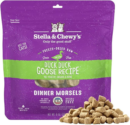 Stella & Chewy's Freeze-Dried Raw Cat Dinner Morsels - Premium Duck & Goose Recipe with 98% Cage-Free Poultry & Organs - Natural Grain-Free Cat & Kitten Food - Made in USA - 8 oz