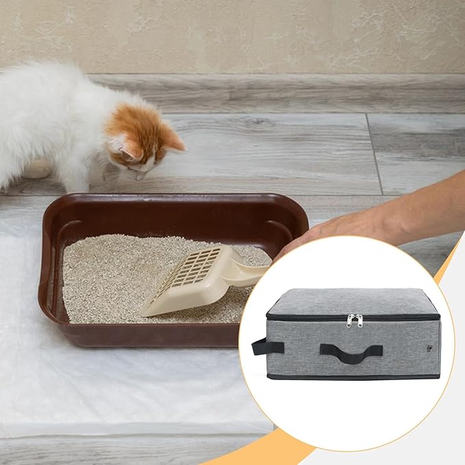 Foldable Cat Litter Box Enclosure Portable Oxford Cloth Pet Litter Tray Container for Travel Kitten- Grey