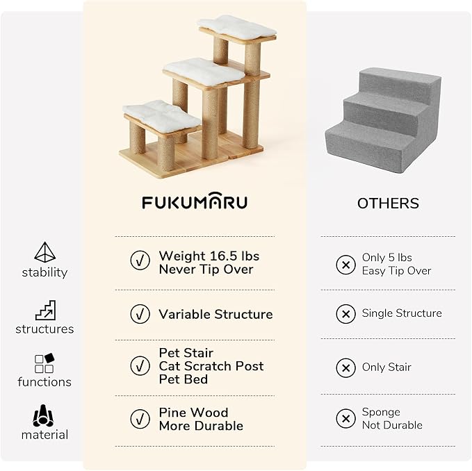 FUKUMARU Dog Stairs, Solid Wood Pet Stairs with Cat Scratching Post, Transformable Cat Ramp Can Hold Up to 200 lbs, 20 Inch Pet Steps for Dogs and Cats to Climb High Bed and Couch, Over 6 Combinations