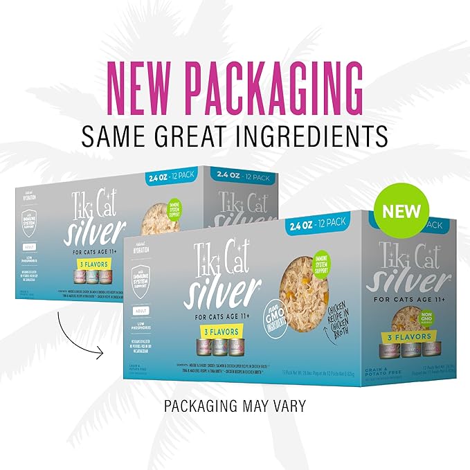 Tiki Cat Silver Variety Pack,Immune System Support Formulated for Older Cats Aged 11+,Senior Wet Cat Food,2.4 oz. Can,12 Count (Pack of 2)