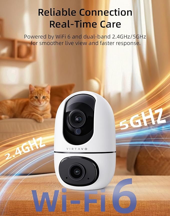 virtavo AI Pet Camera Indoor with Phone App for Dog, Cat & Puppy, 360° Dual-Lens with Auto Tracking & Pet Calling, No Subscription, Wi-Fi 6 (5GHz/2.4GHz), Alexa Compatible, Night Vision