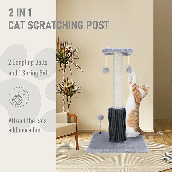 Dimaka 27" Tall Cat Scratching Post, Plush Top Perch and Bottom Soft Brush, Vertical Sisal Rope Scratch Posts with Balls for Indoor Cats and Kitten (Grey)