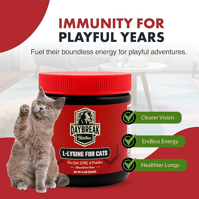 L-Lysine for Cats and Kittens - 900 mg L Lysine Powder for Cats for Immunity & Respiratory Support - Cat Supplement with L-Lysine, Prebiotics, Krill, & DMG for Immune System (120 Servings)