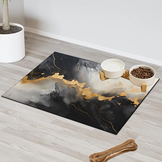 Marble Dog Food Mat for Floors Absorbent, Quick Dry Water Dispenser Mat for Food, Water, Pet Supplies 17" x 30", Gold Black Marble