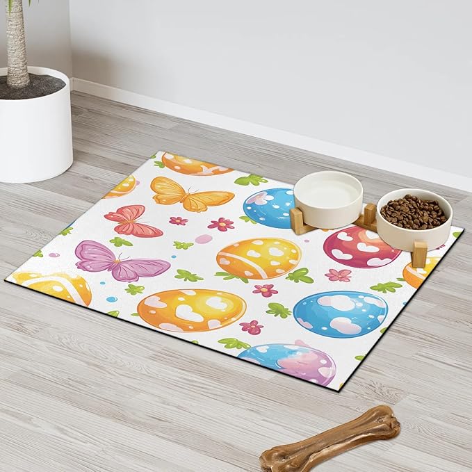 Happy Easter Dog Food Mat for Floors Absorbent Dog Bowl Mat for Food and Water Dispenser Quick Dry Cat Food Placemat Pet Supplies 24" x 32", Butterfly Flower