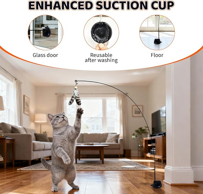Interactive cat Feather Toy, Fishing Rod Feather Toy, Replaces Simulated Bird Feathers, Reinforced Suction Cup, Suitable for Indoor use.