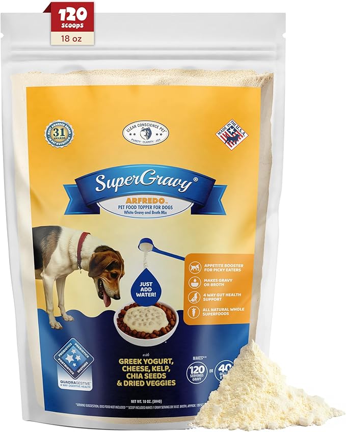 CLEAR CONSCIENCE PET® Arfredo™ SuperGravy® Natural Dog Food Gravy Topper, Hydration Broth Mix, Gluten and Grain Free Kibble Seasoning Powder Topper for Picky Eaters (18 oz. (120 Scoop))