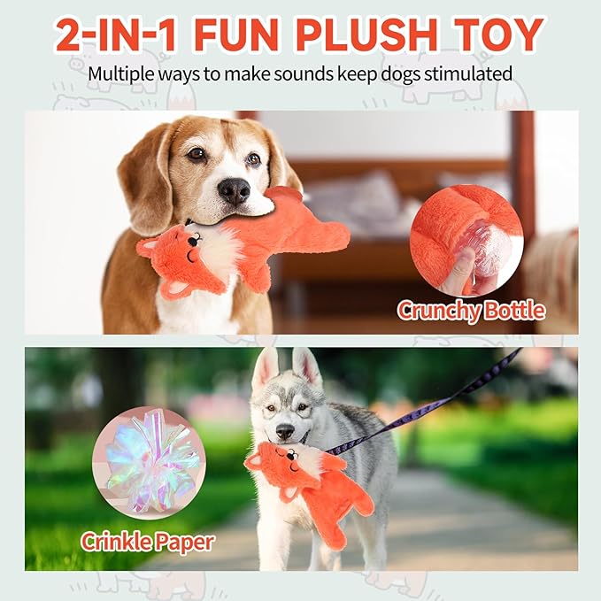 Mihachi No Stuffing Crinkle Dog Toys,2-in-1 Holds Water Bottles-Cruncher with Puncture Resistant Squeaker, Dog Squeak Toys Plush Dogs Chew Toy for Small Medium Large Breed Chewer, Fox