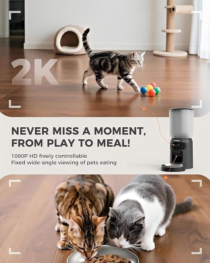 AI Automatic Cat Feeder with 2K HD Dual Cameras,5G&2.4G Wi-Fi 6L Cat Food Dispenser with Cats Recognition& Diet Tracking, Laser Interactive Toy & Two-Way Audio