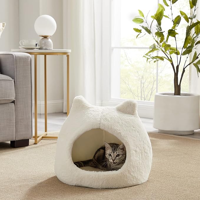 Best Friends by Sheri Meow Hut in Fur Cover Dome Cat and Dog Bed, Gray, Small (Pack of 2)