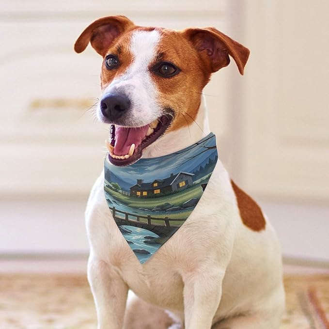 Dog Bandana Spring Pet Scarf Adjustable Triangle Full Moon Bridge Black Cat Printing Dog Bib Washable Polyester Puppy Bandana for Small Medium Large Dogs Cat Birthday Party Supplies