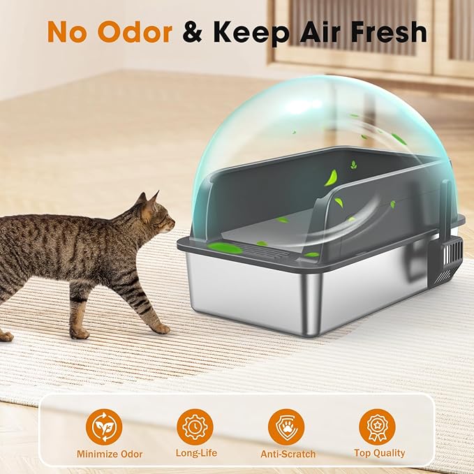 2PACK Stainless Steel Litter Box, Extra Large Litter Boxes for Big Cats, XL Metal Cat Litter Box with Lid High Sides, Anti-Urine Leakage, Non-Sticky, Scoop Included